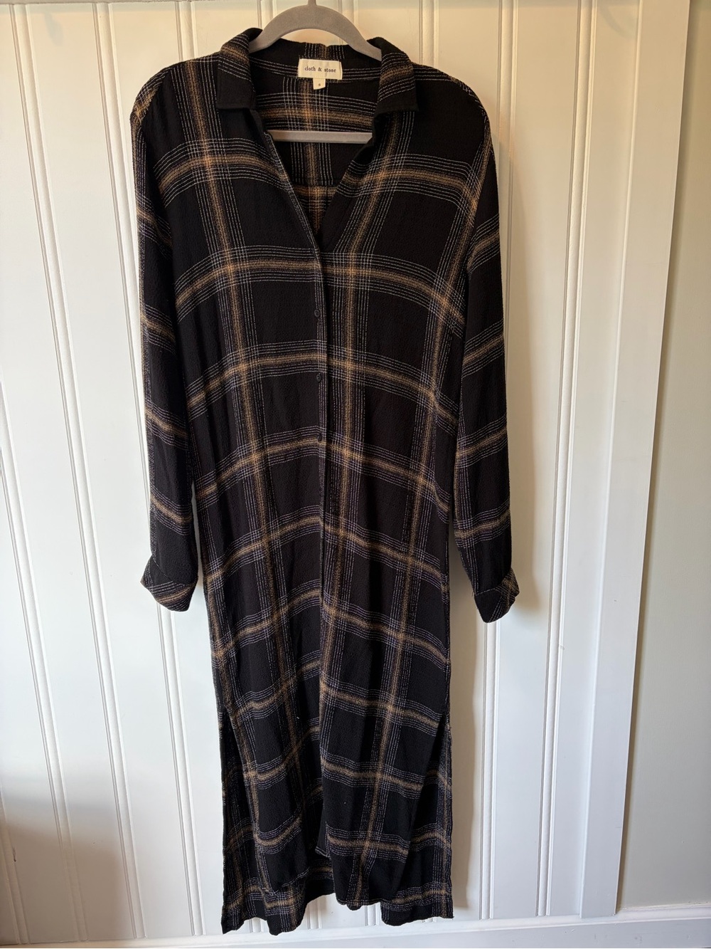 Cloth & Stone Plaid Midi Shirt Dress Black Tan Oversized Boho Minimalist Small - Picture 2 of 8